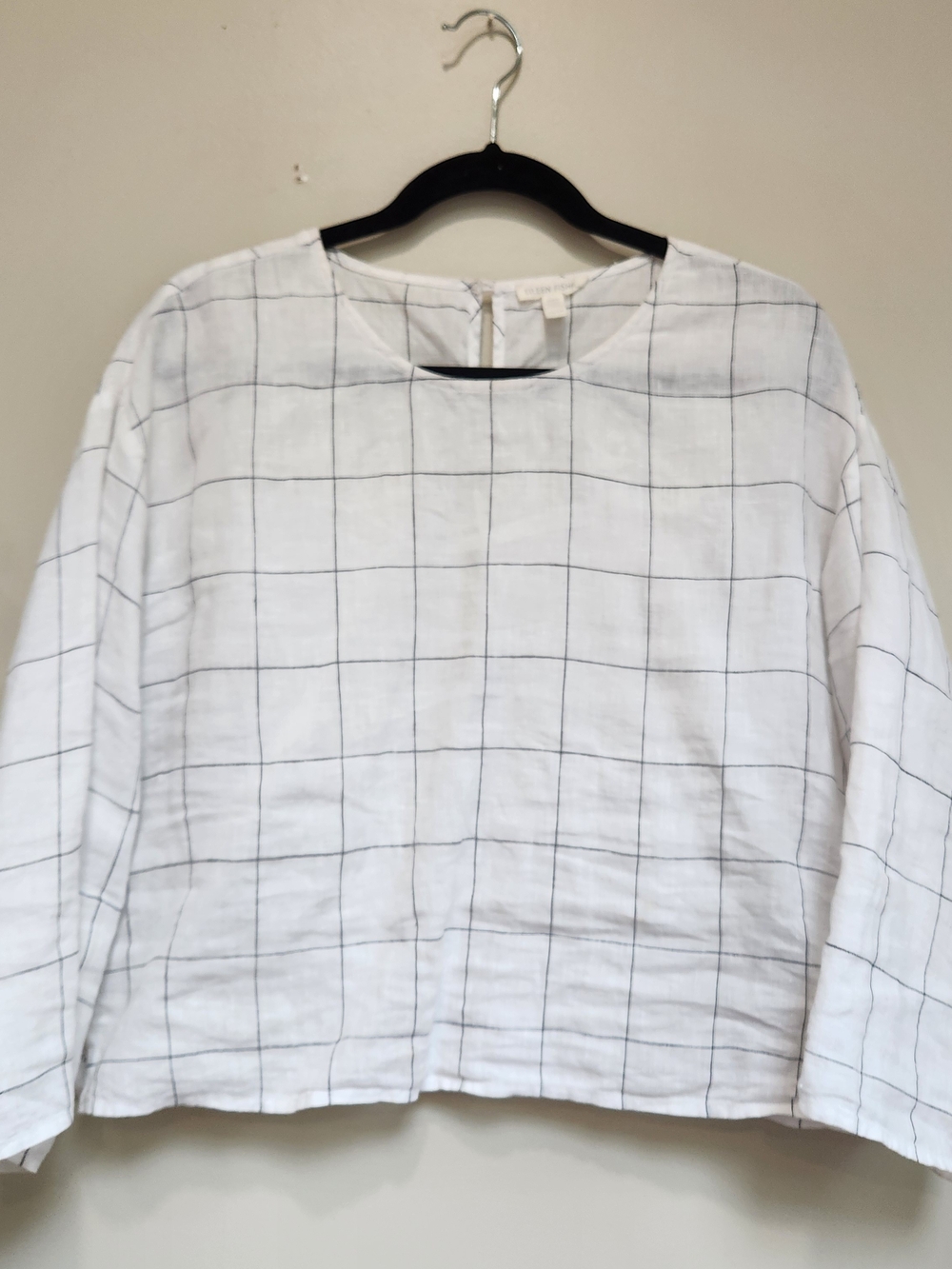 Eileen Fisher White Long-Sleeve Windowpane Grid Top 100 Organic Linen XS